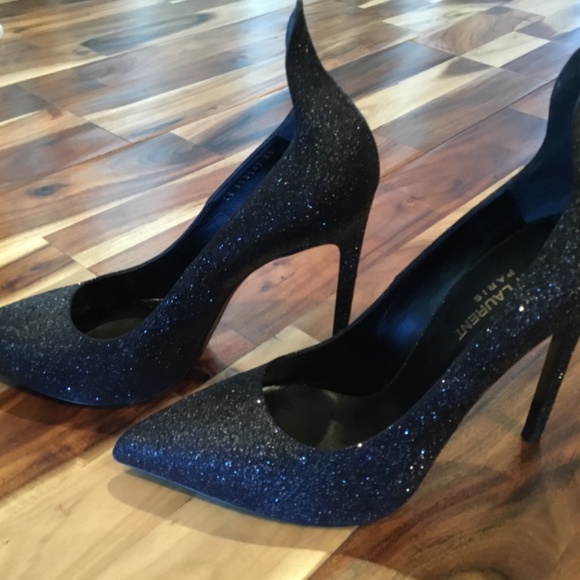 GORGEOUS SAINT LAURENT GLITTER CREPE EVENING 5” HEELS W/ HIGH BACK SZ IT 40 - Picture 4 of 10